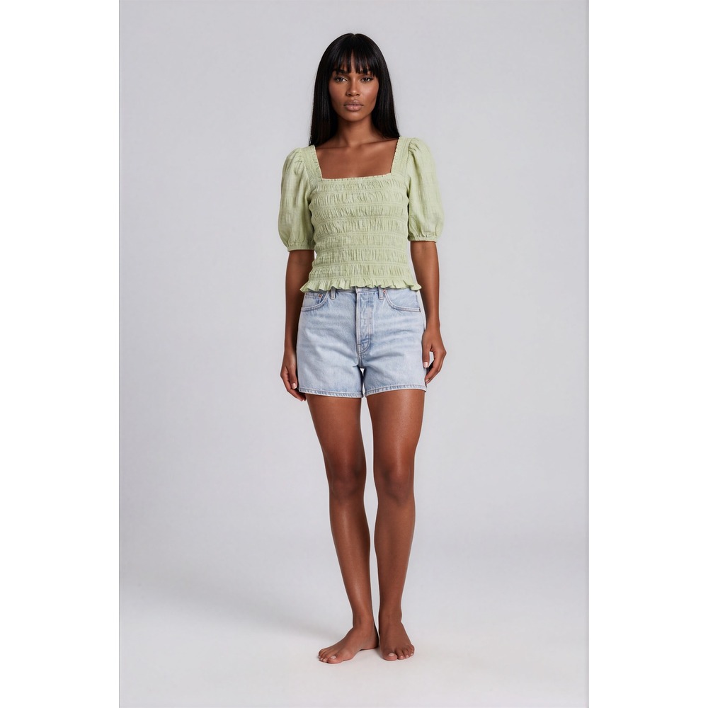 Find Me Now Smocked Crop Top Size L Sage Green Puff Sleeve Gingham